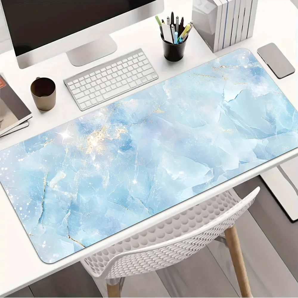 1pc Marble Texture Gaming Mouse Pad with Non-Slip Rubber Base & Washable Surface - Blue & Golden Veins Design for Office, School