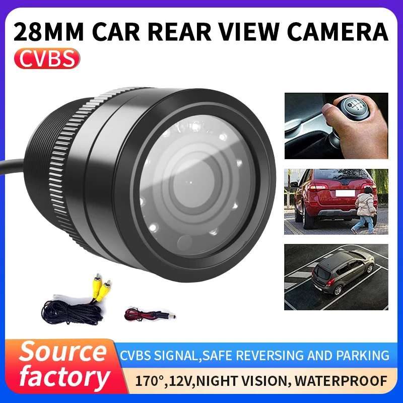 28MM CVBS Rear View Camera HD 170° Wide Angle Waterproof Parking Assistance System Night Vision Rearview Backup Car Camera