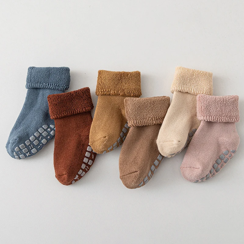

Thick Cotton Baby Socks Winter Velvet Lining Newborn Warm Footwear 0-3Year Kids Plush Looped Floor Socks Solid Color Stockings