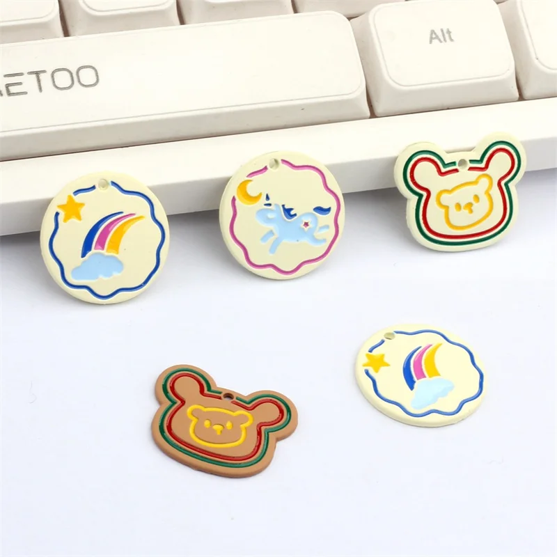 2pcs Cute Cartoon Round Bear Unicorn Rainbow Charms DIY for Necklaces Earrings Enamel Charms Making Jewelry Findings