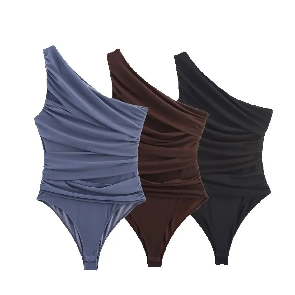 

Осенний новый женский комбинезон в европейском и американском стиле с открытыми плечами, асимметричный плиссированный шелковый сетчатый комбинезон