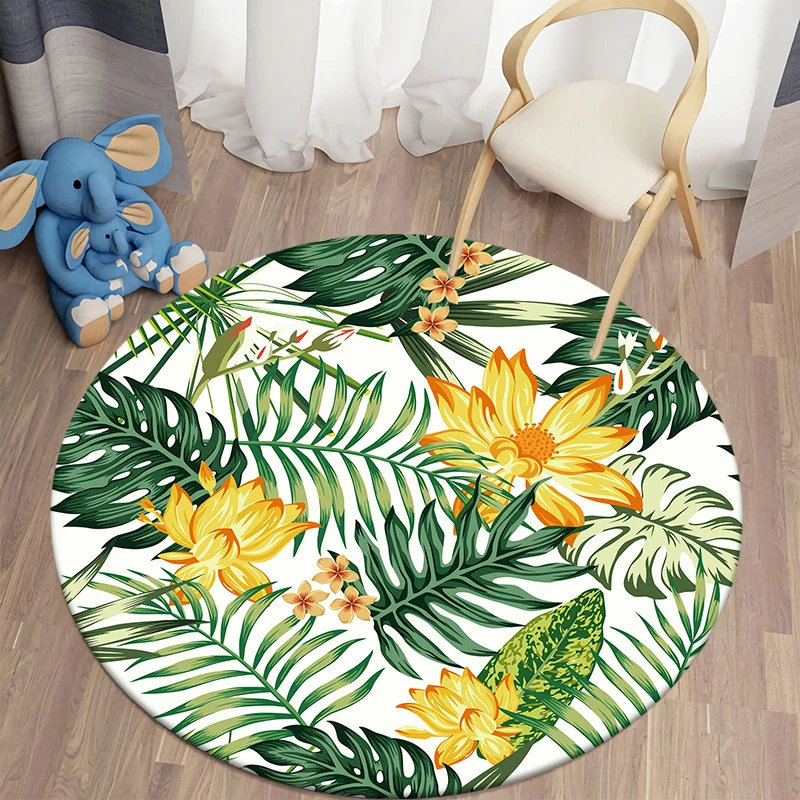 Tropical Plant Leaf Print Living Room Carpet Green Round   Bedroom Anti-slip Mat Children's Play  tapete redondo