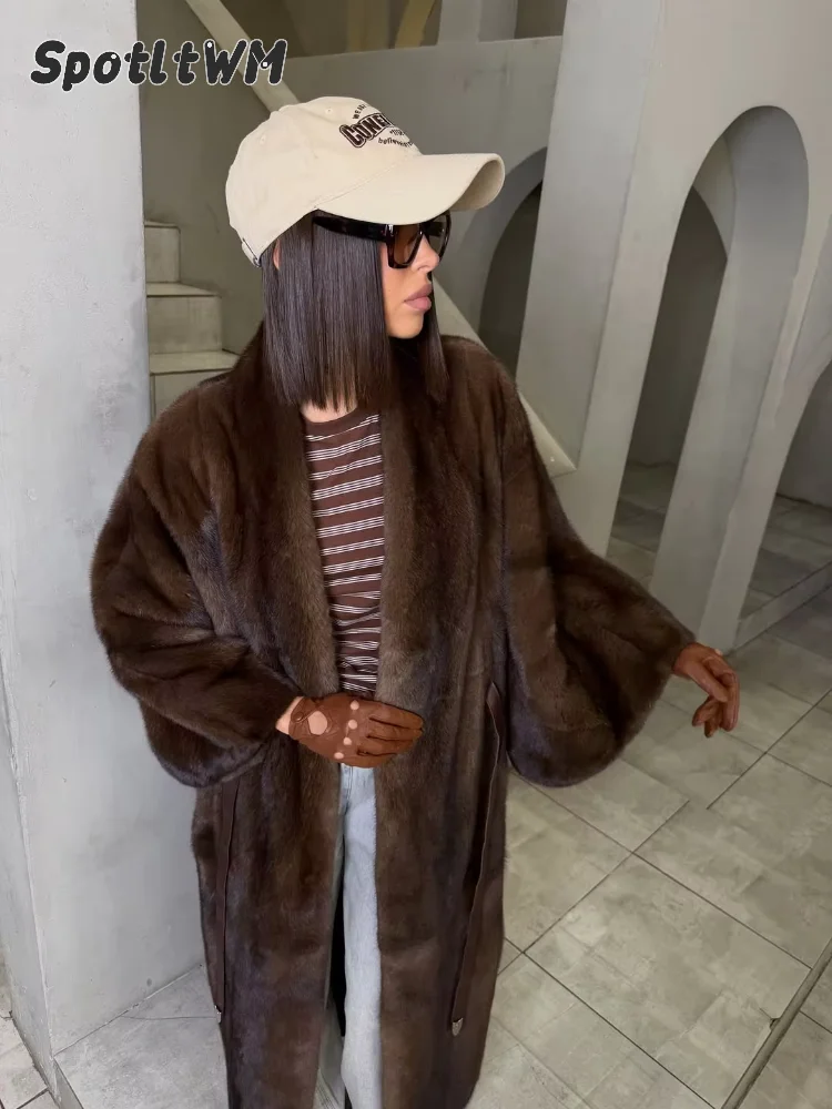 Women Brown Faux Fur Long Coat Belted Open Front Fluffy Warm Plus Size Cardigan 2026 Fall Winter Casual Retro Chic Lady Overcoat - view 6
