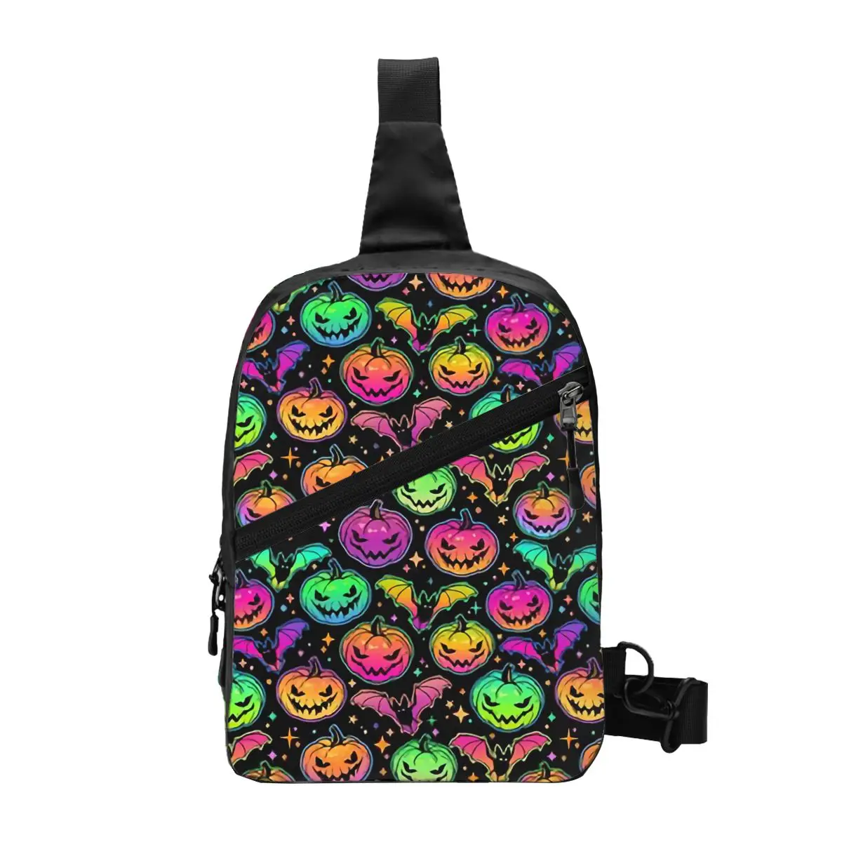 

Custom Colorful Pumpkin Bats Star Moon Gothic Magic Mysterious Sling Chest Bag Crossbody Shoulder Backpack Camping Daypack