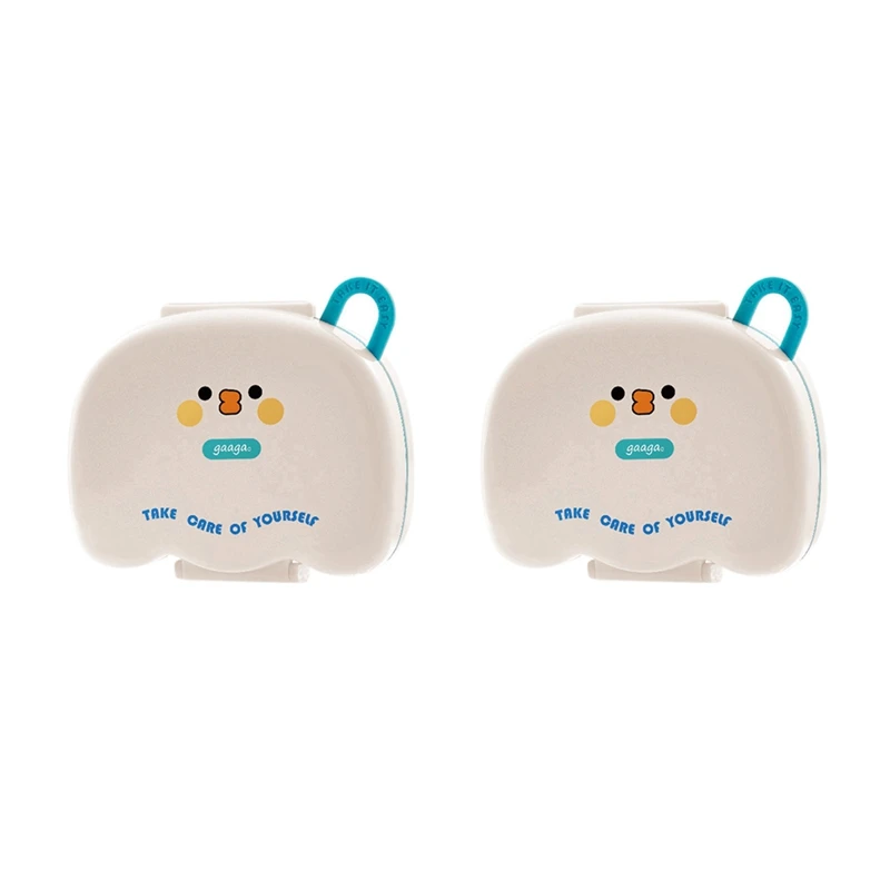 

2Pcs Round Portable Plastic Medicine Box Cute Cartoon Sealed Moisture-Proof Multi-Compartment Storage
