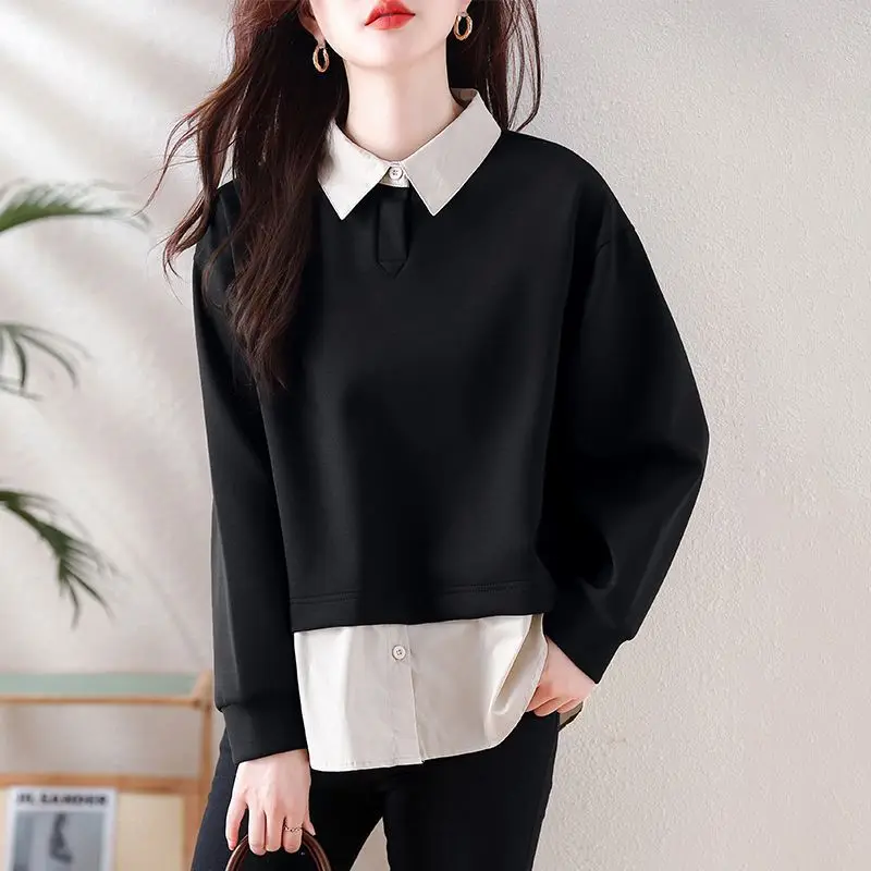 Korean Patchwork Contrast T Shirts Spring Autumn Long Sleeve Polo Neck Loose Vintage Hoodies Top Fashion Casual Women Clothing