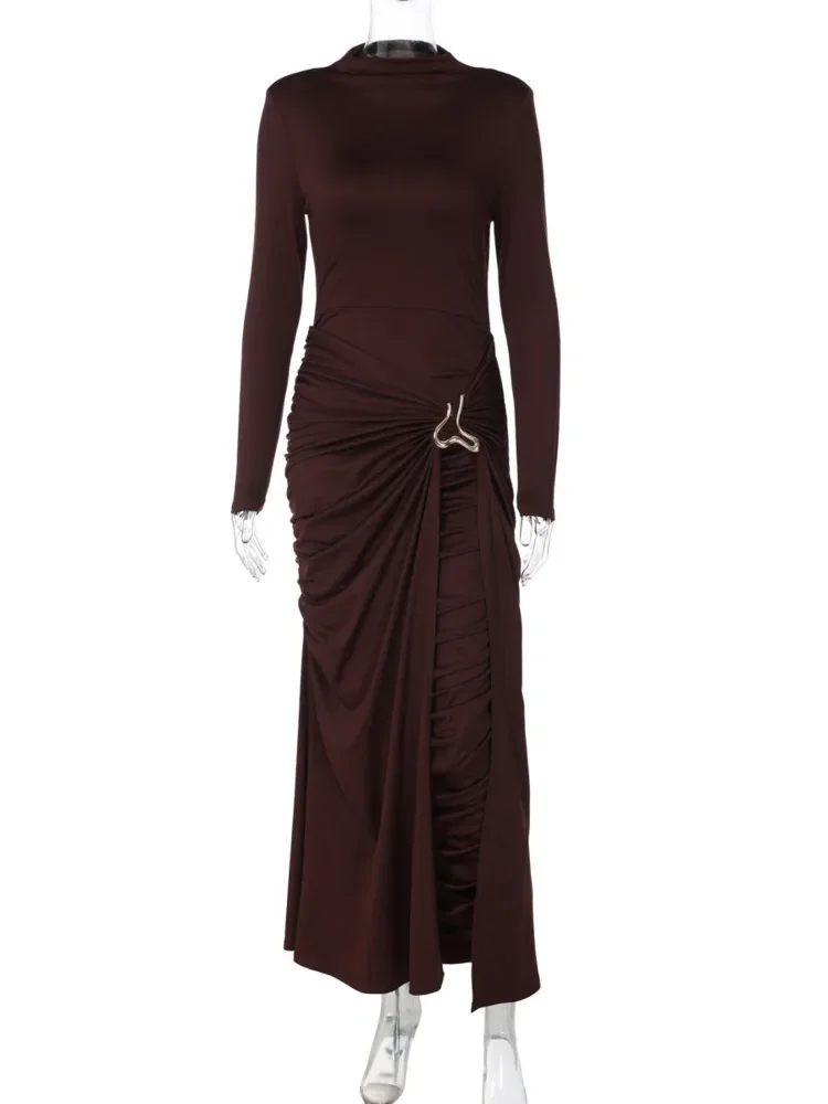 XIAOTANG Lange Mouw Ruches Sexy Maxi Jurk Vrouwen Jurk Elegante O Hals Hoge Taille Metalen Gesp Bodycon Club Party Lange Jurken