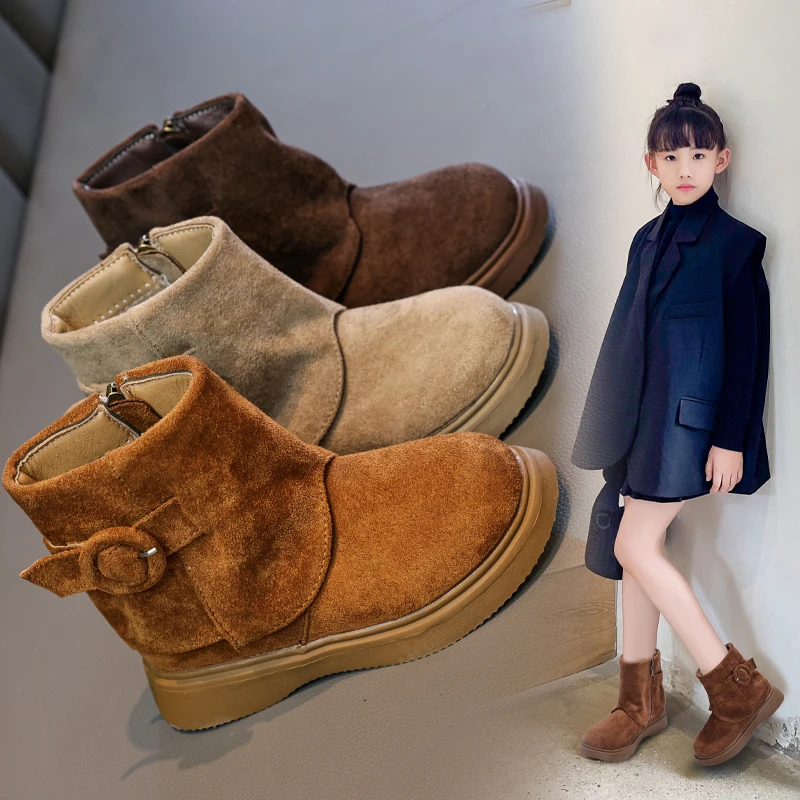 

2025 зимние новые стильные детские ботинки с манжетами и флисом для тепла в британском стиле, модные ботинки для девочек