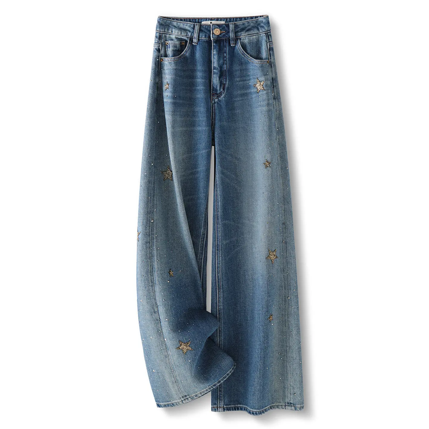 ZJYT Women Wide Leg Diamonds Jeans 2026 Street Style Fashion High Waist Casual Vintage Denim Pants Trousers Blue Bottoms Female