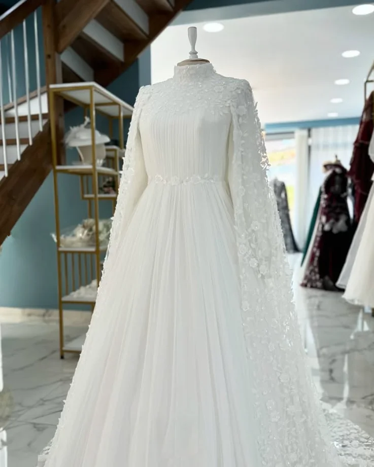 Robe de mariée Caftan musulmane turquie, avec Cape, col haut, dentelle florale, manches longues plissées, tenue de princesse personnalisée