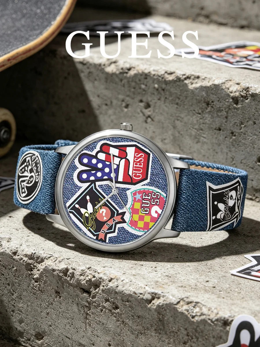 Guess Hollywood Pico Round Stainless Steel Case Colorful Graphic Dial Denim Fabric Strap Watch V1004M1