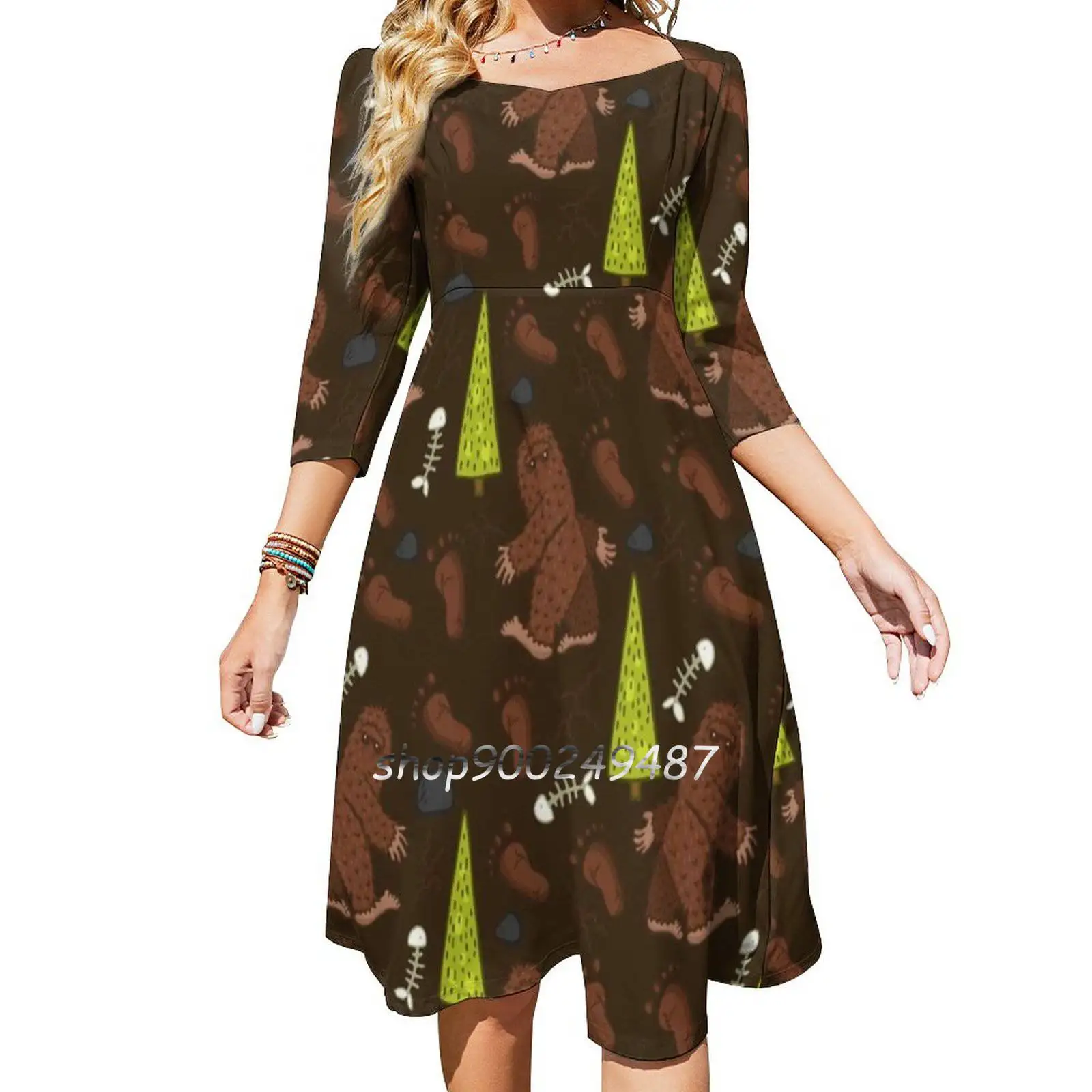 Bigfoot! Sweetheart Knot Flared Dress Fashion Design Large Size Loose Dress Bigfoot Myth Mythological Creature Sasquatch Woods