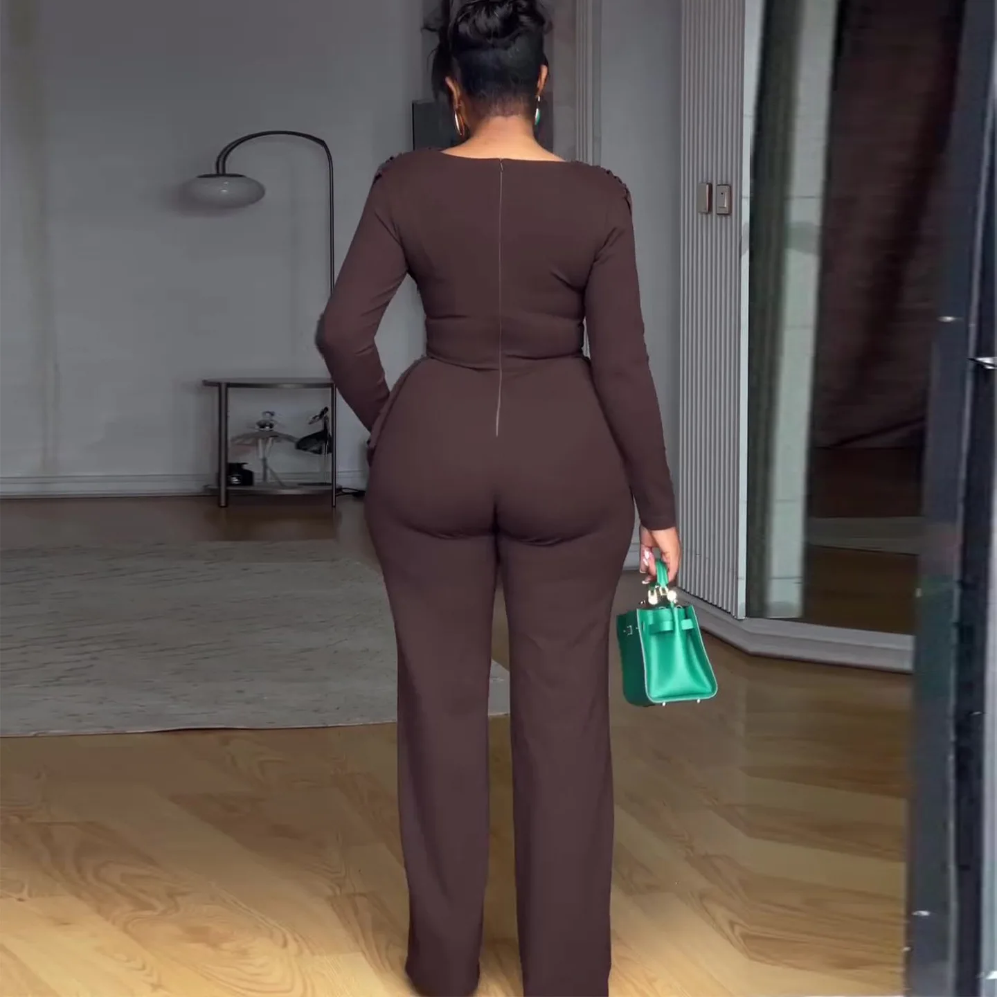 سوينغ طوق Ruched بذلة طويلة الأكمام الصلبة أنيقة مكتب سيدة غير المتماثلة هيم عادية خمر Ruched سليم السروال القصير الخريف