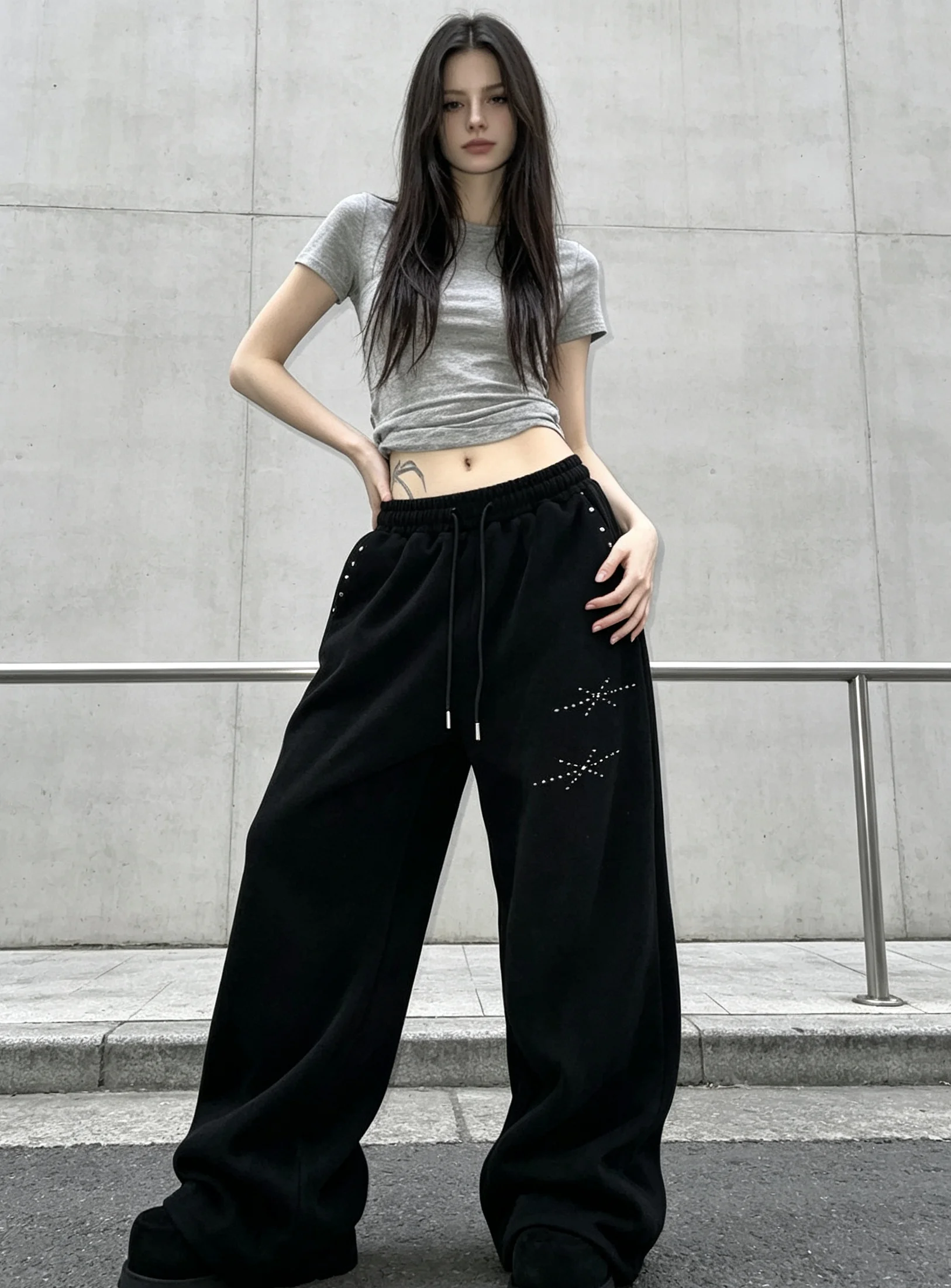 Y2K Vintage Harajuku Rhinestone Straight Pants European American Street Style Lace-Up Casual Hip-Hop Long Trousers