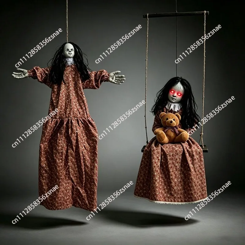 Halloween horror little girl glowing red-eye voice-activated electric haunted house prop swing ghost decorating yard hanging