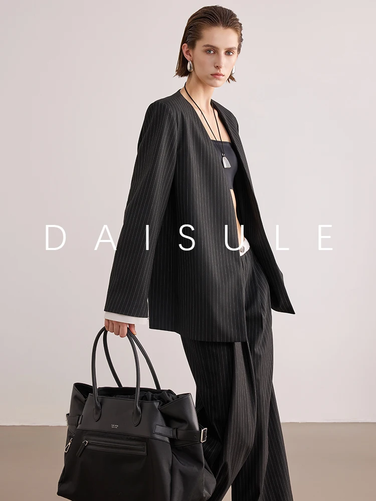 

Women's Black White Striped Suit Jacket V-Neck Casual Loose Vintage Style Zipper Pocket Resin Color Wool Blend Long Sleeve