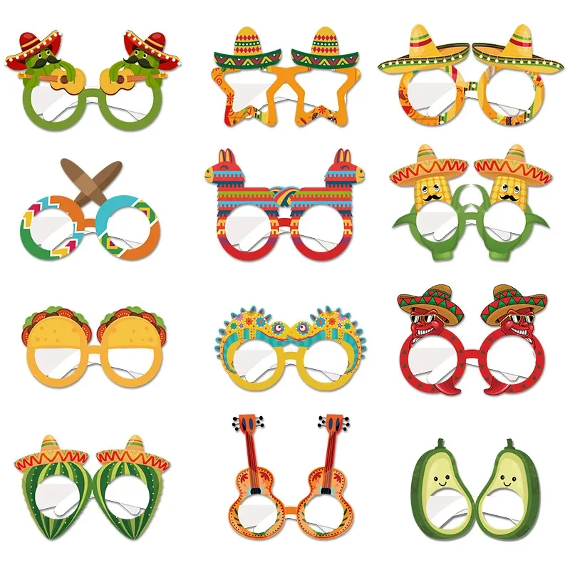 12pcs Mexican Fiesta Party Paper Sunglasses Masks Funny Crazy Cinco De Mayo Party Glasses Cactus Chili Taco Photo Booth Props