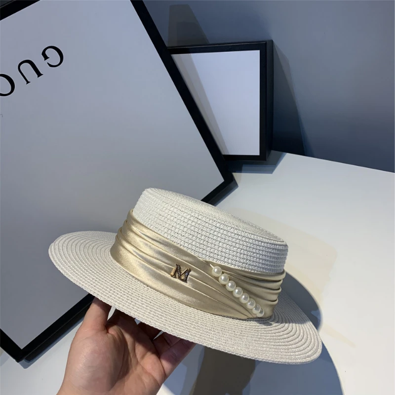 

Straw hat women's summer French flat top hat sunscreen small fresh versatile casual beach trendy top hat British sun hat