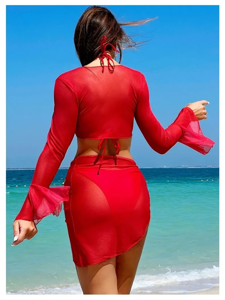 Set bikini sexy rosso nero da donna copricostume floreale a maniche lunghe 3D con gonna a rete costume da bagno 4 pezzi costume da bagno da spiaggia 2025