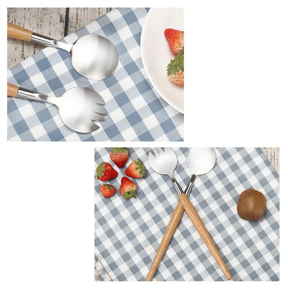

2pcs Stainless Steel Wooden Handle Salad Fork Spoon Set Flatware Tableware Kit For Picnic Lunch Party 123Characters