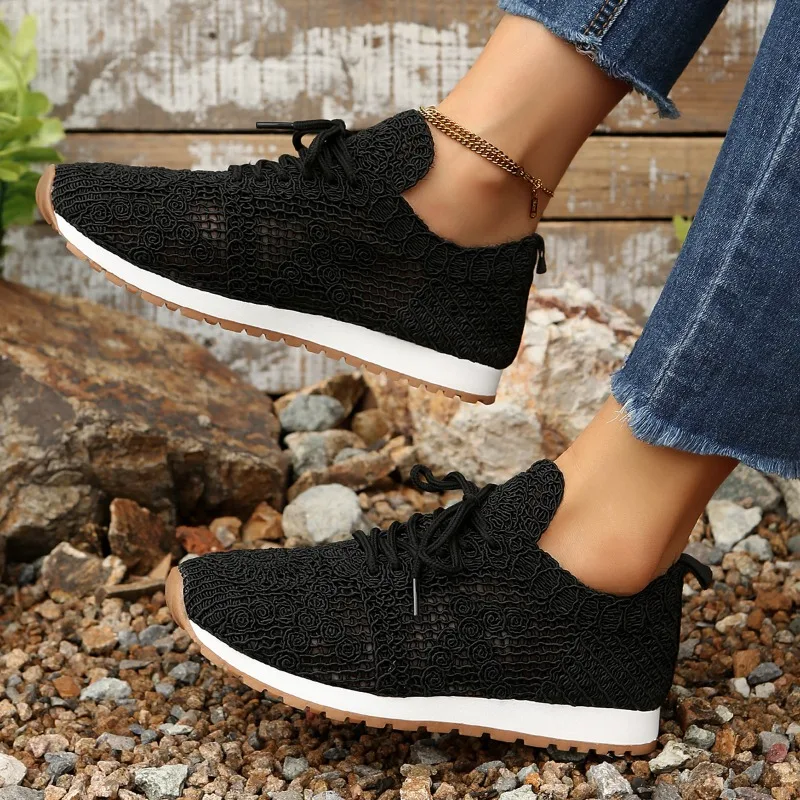 Summer Mesh Athletic Casual Shoes Round Toe Deep Mouth Lace-Up Mesh Breathable Flat Plus Size Single