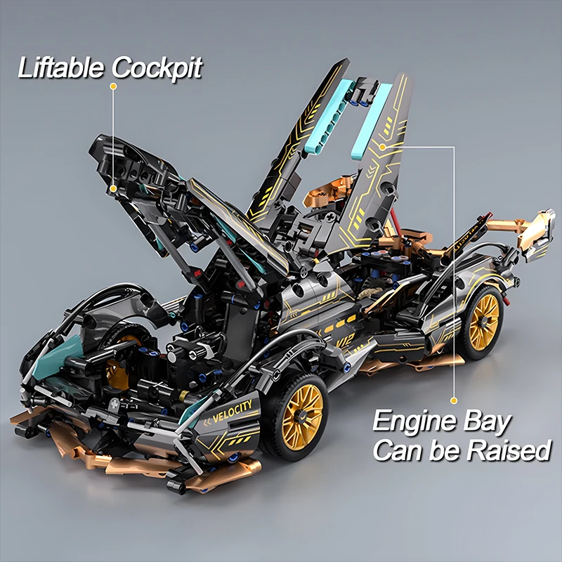 2024 Black V12 Block Roadster RC Tech Racer 1:14DIY Roadster building block assembly Block car toy birthday gift (1280+granule)