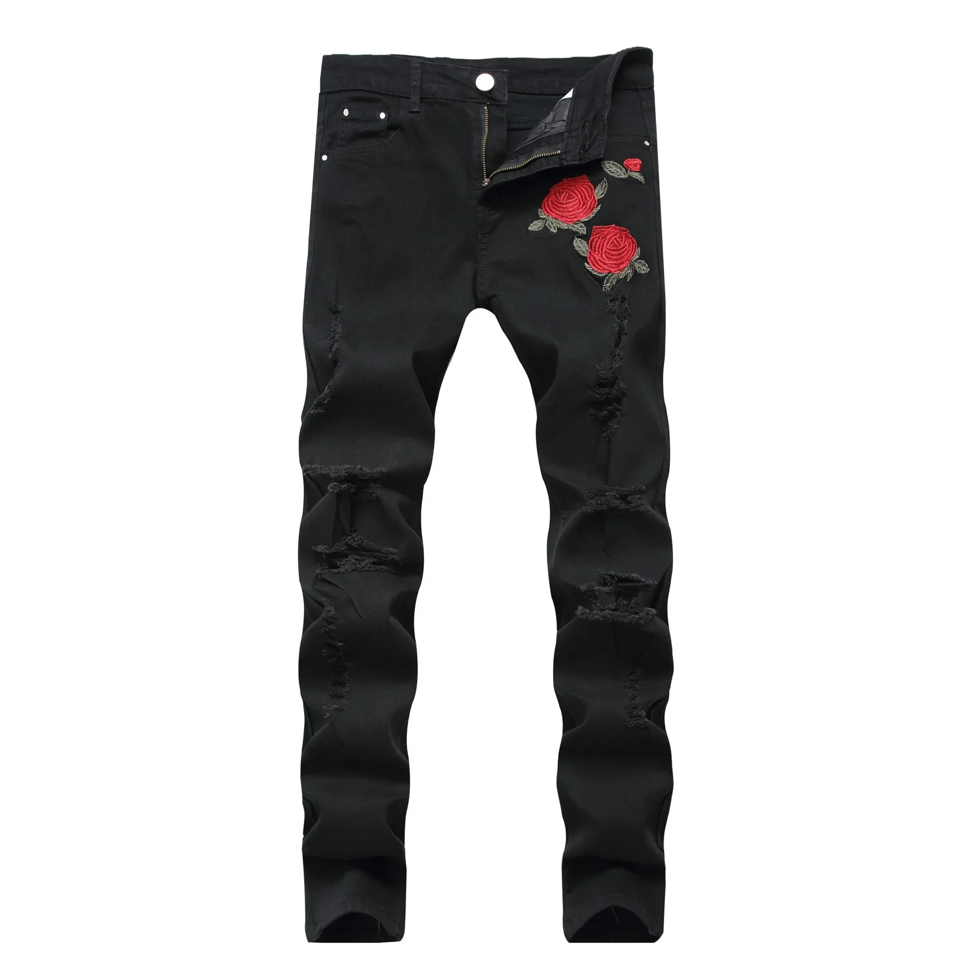 

Pop European And American Men's Casual Jeans With Embroidered Roses, Fashionable Ripped, Slim-fit, Stretch, Ankle-length Trouser