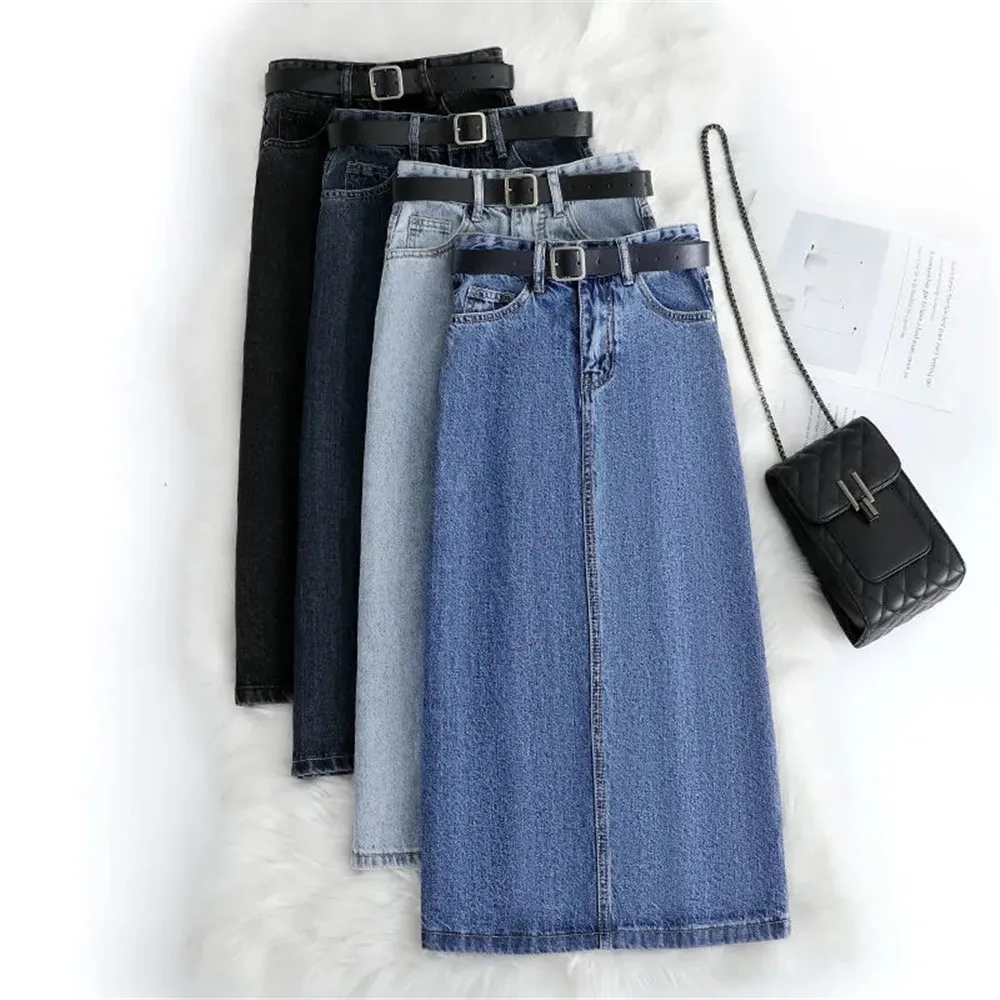 Women Denim Skirt Spring A Line Summer High Waist Loose Split Hem Dark Blue Chic Casual Streetwear Jean Midi Skirt Streetwear