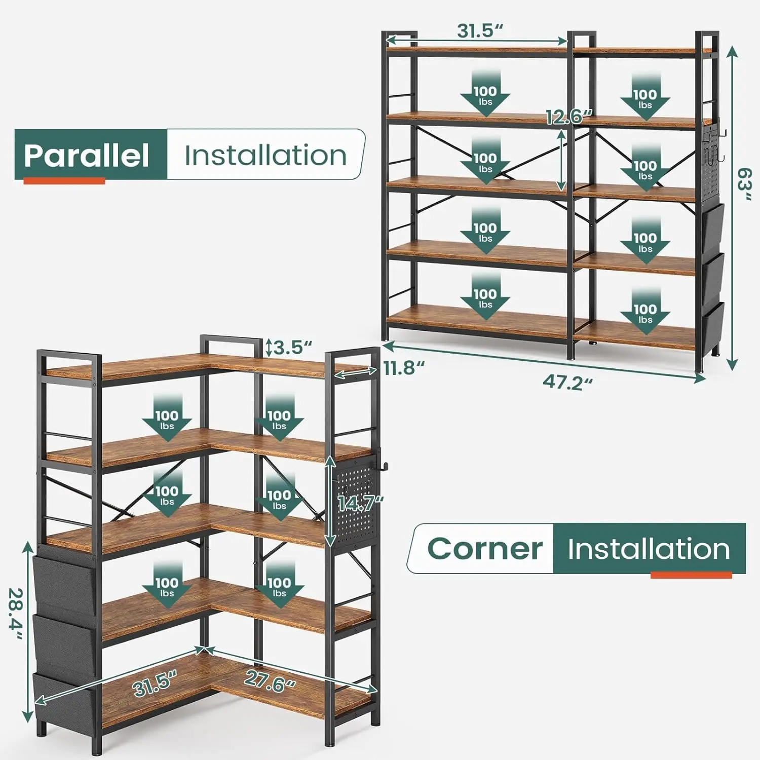 5 Tier Corner Bookshelf, Modern Corner Bookcase, Convertible BookShelf with Storage Bag, Pegboard & LED Light, Tall Bookshelves