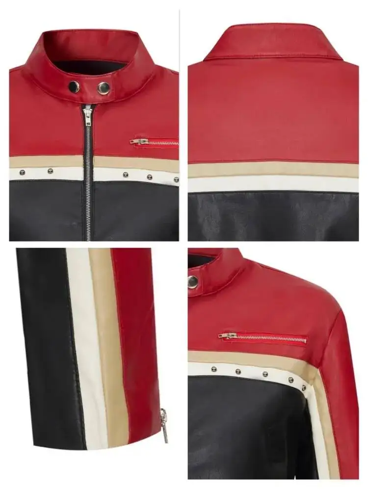 Cool Handsome Motorcycle Women's Waist Casual Contrast Splicing PU Leather Short Jacket New Fashion Female Zipper Coat