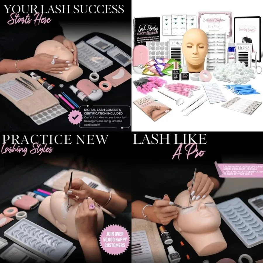 

Lash Eyelash Extension Kit & Training Course and Certification, Professional Lash Extension Kit for Beginners Includes Practice Mannequin Head, Lash Trays, Glue, Tweezers, Fan & More