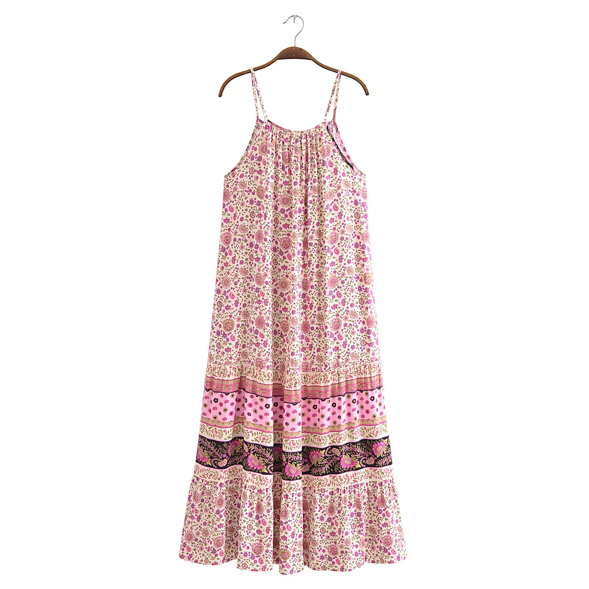 Vestido largo bohemio con estampado de flores para mujer, vestido Midi holgado con dobladillo fruncido, Color verde contrastante, 2023