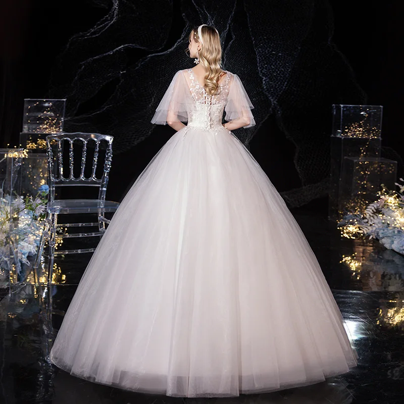 新しいセクシーな V ネックバットウィングスリーブ妊婦のウェディングドレス女性クラシックレースフラワープラスサイズレースアップボールガウン Vestido カスタマイズ