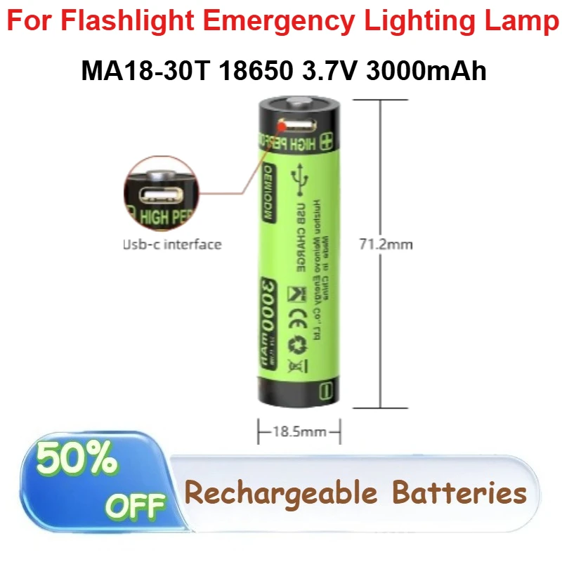 

MA18-30T 18650 3.7V 3000mAh Lithium Battery with USB Interface for Flashlight Emergency Lighting Lamp Rechargeable Batteries