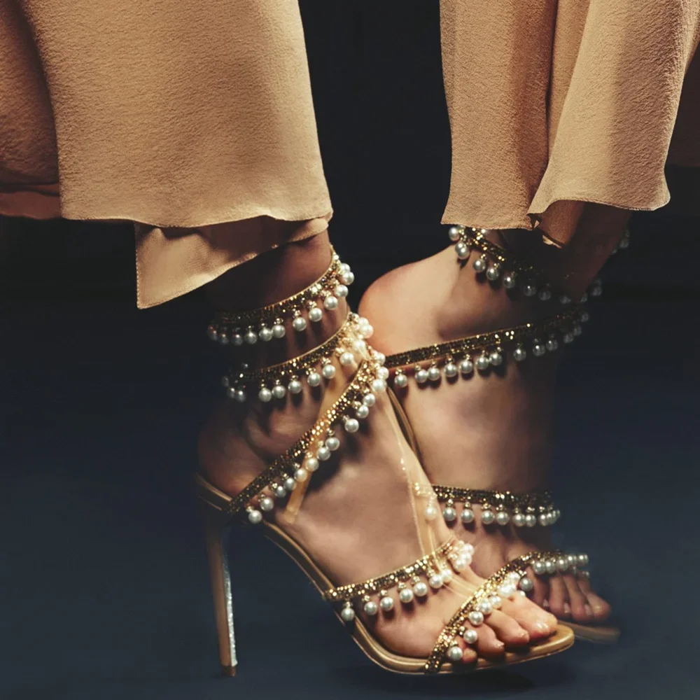 

Pearl Crystal Snake Twine Runway Sandals Sexy Pointed Toe Thin Heel Customized Accept New Arrivals Fashion Women Runway Shoes