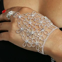 Luxury Flower Crystal Finger Chain Bracelets for Women Rhinestone Slave Chain Bangles Wedding Party Hand Jewelry Bridal Gift