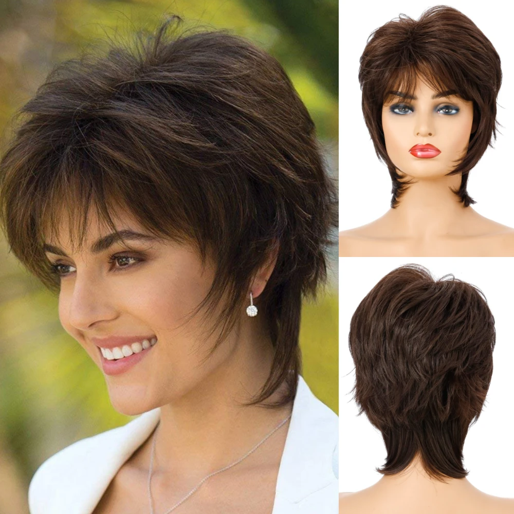 Perruque courte brune avec frange pour femme, coiffure naturelle, racines foncées, cheveux ombrés