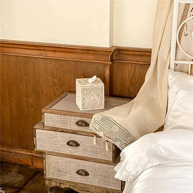 

M11K-2X Tissue Box Cover Boho Decor Square Paper Tissue Holder With Bead Buckle Macrame Napkin Tissues Organizer Home Decor