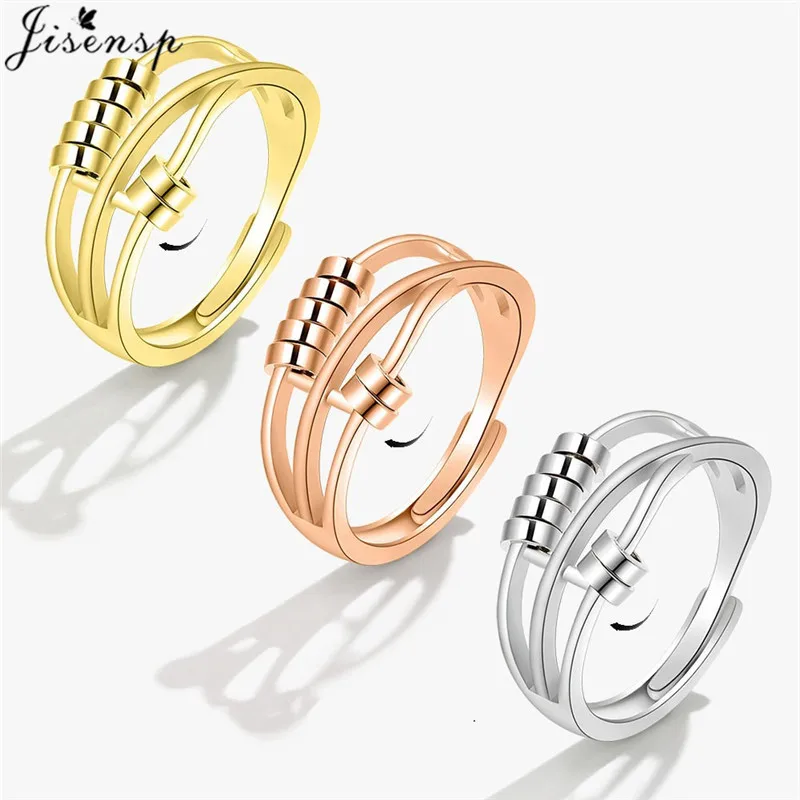 Anti Anxiety Fidget Triple Layer Ring Rotate Freely Beads Finger Jewelry Ladies Simple Spinner Rings Gift Accessories Adjustable