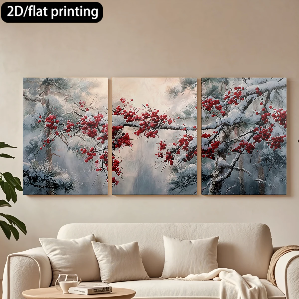 

Декоративная картина на холсте с тремя панелями: заснеженные ветви, яркие красные ягоды.