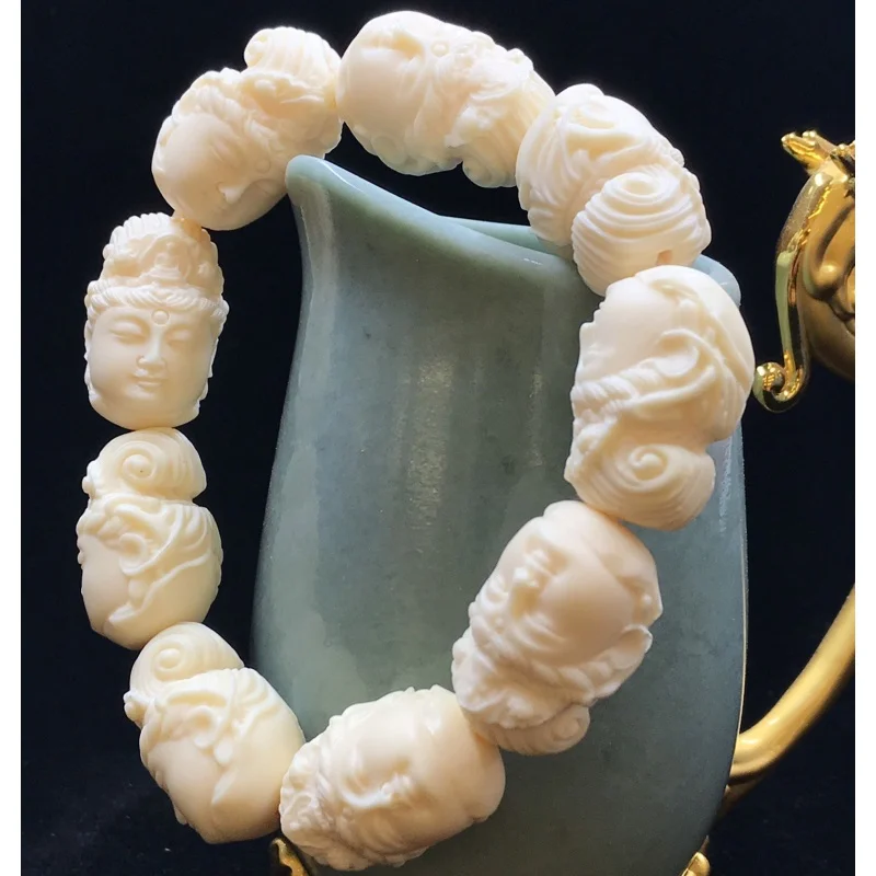 Ivory Nut Carved Guanyin's Head Beads Bracelet Bodhi Seeds Coconut Wood Handheld Prayer Beads Car Hanging Decorations Gift Box