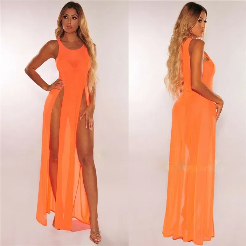 Sexy Womens Mesh Sheer Long Dress Ladies Bikini Cover Up Beach Sundress Solid See-through Long Dress Sleeveless Strap Dress