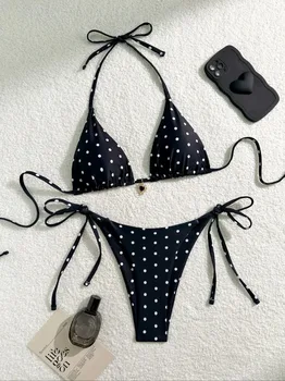 Sexy Bikini Set Black White Polka Dot 2 Piece Swimsuit for Women American Style Beach…