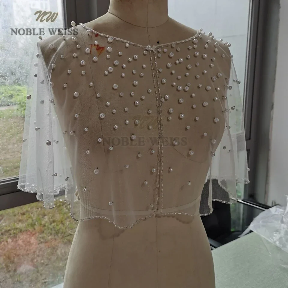 Envoltório nupcial Custom Made Bolero Jacket, Pérolas Tulle Xaile De Casamento, Casaco De Festa De Noiva, Cetim Bolero