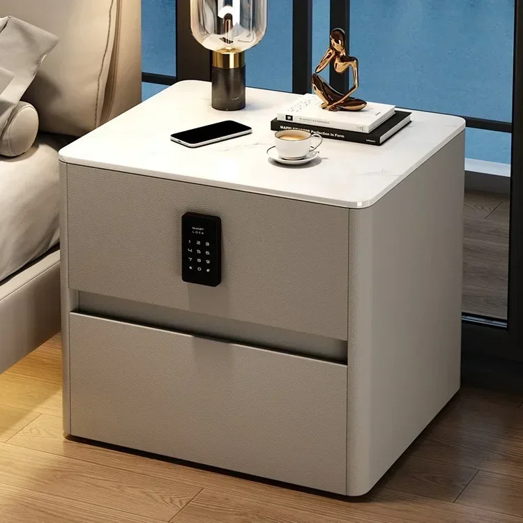 

Smart Bedside Table Solid Wood Simple Modern Bedside Storage Cabinet Bedroom Rock Slab with Lock Bedside Cabinet