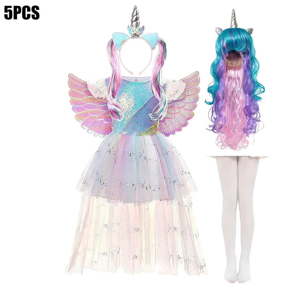 Vestito da tutù per unicorno per festa di compleanno per bambina, arcobaleno alto e basso, 3 pezzi, abiti da principessa di carnevale fantasia con fascia per capelli + ali