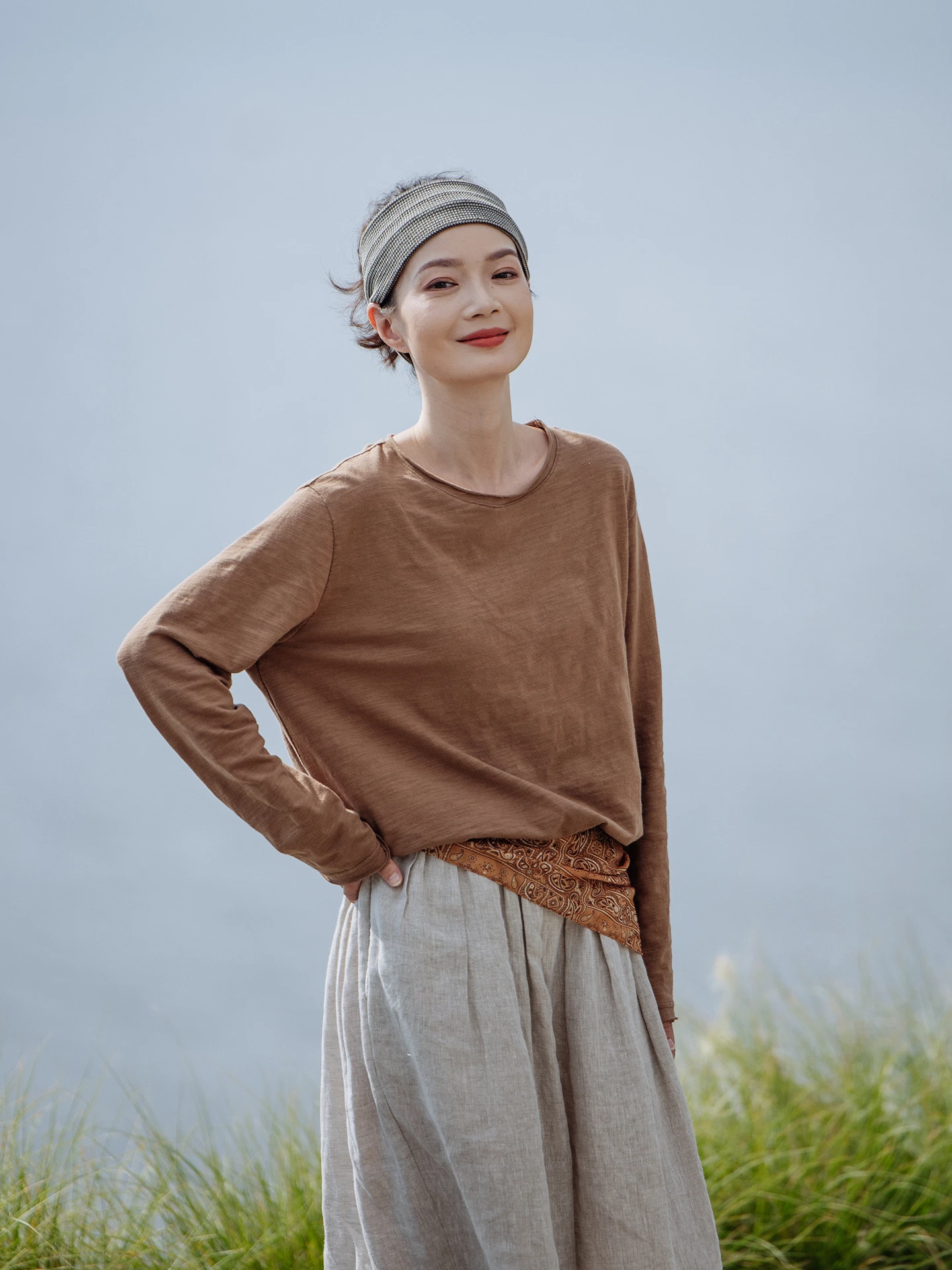 Versatile Long Sleeve Knitted Cotton Base Shirt Special Bloom 570 Bamboo Node Design Casual Style All-Match Ladies T-shirt