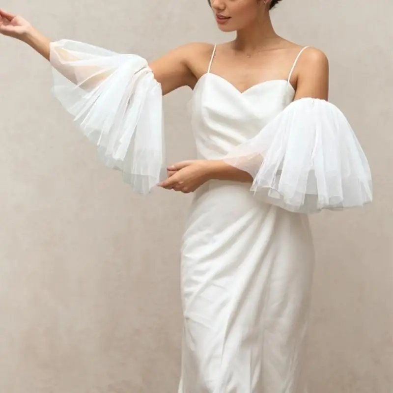 Mangas clássicas braço noiva branca Luvas respiráveis Acessórios casamento elegantes design tule forrado