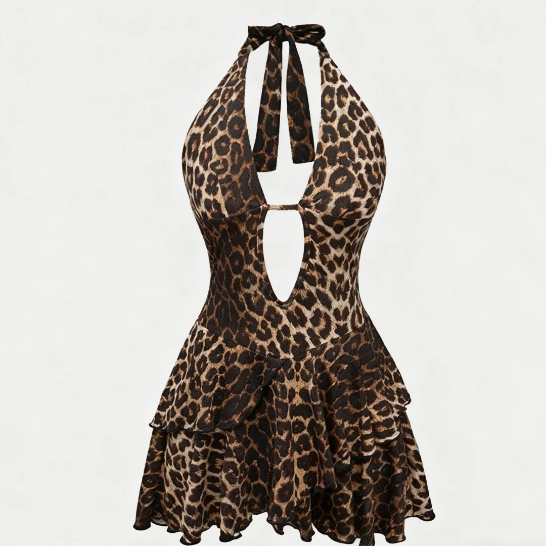 Minivestido sexy com estampa de leopardo, sem mangas, recortado, bodycon, para festas selvagens, noites e club wear