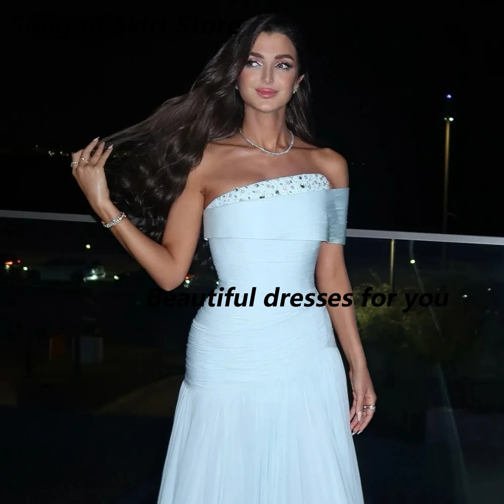 

Sky Blue Evening Dress Customized Off The Shoulder Beaded Mermaid Prom Gowns Backless Floor Length Party Gown Customized